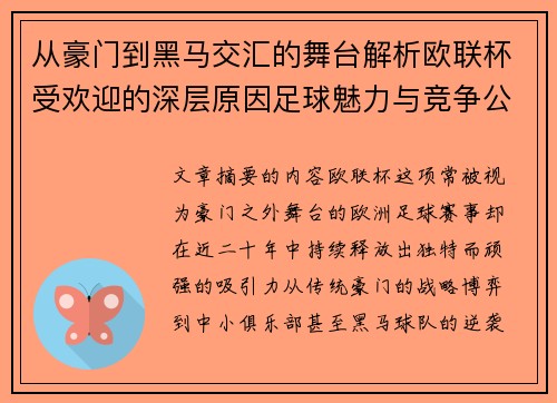 从豪门到黑马交汇的舞台解析欧联杯受欢迎的深层原因足球魅力与竞争公平性