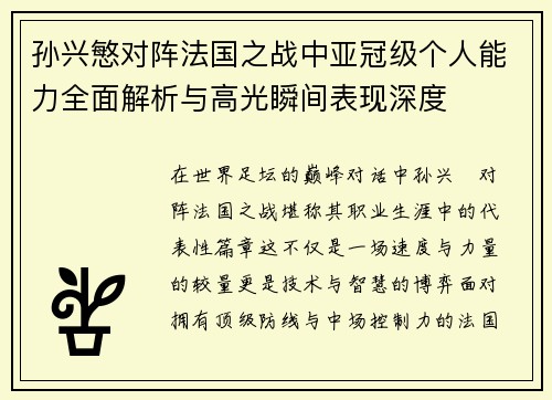 孙兴慜对阵法国之战中亚冠级个人能力全面解析与高光瞬间表现深度