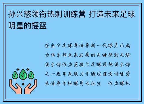 孙兴慜领衔热刺训练营 打造未来足球明星的摇篮